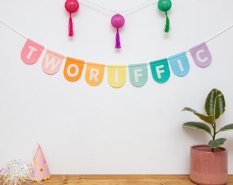 Onederful, Tworiffic Birthday Bunting. Age Celebration Bunting. Colourful Childrens Decor Party Garland. Rainbow, Pastel, Jungle, Neutral