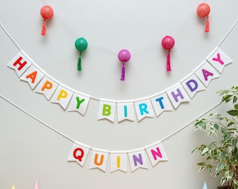 Happy Birthday Bunting. Personalised Celebration Bunting. Colourful Childrens Decor Party Garland. Rainbow, Pastel, Jungle, Neutral
