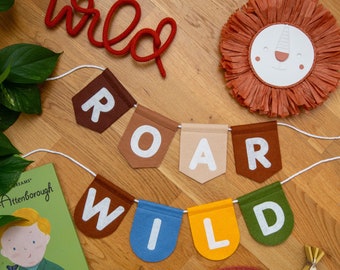 Wild, Roar, Play, Read Felt Read Bunting Garland, Nursery Wall Hanging, Rainbow Jungle Choices