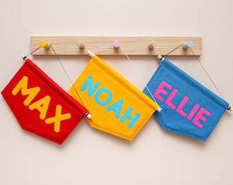 Custom Colourful Name Banner. Personalised Felt Nursery Flag. Bold Kids Room Wall Hanging.