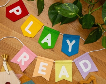 Play, Read, Wild, Roar Felt Read Bunting Garland, Nursery Wall Hanging, Rainbow Jungle Choices