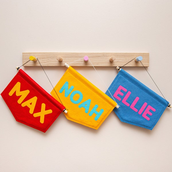Custom Colourful Name Banner Up To 6 Letters. Personalised Felt Nursery Flag. Bold Kids Room Wall Hanging.