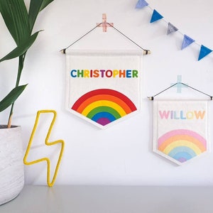 Personalised Rainbow Wall Banner Flag. Pastel Nursery Decor. Felt Hanging. image 1