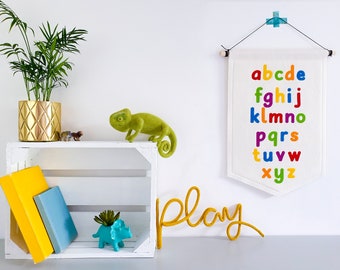 Lowercase Alphabet A-Z Wall Banner Flag. Nursery Decor. Rainbow. Pastel Letters. Felt Hanging.