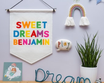 Personalised Sweet Dreams Wall Banner Flag. Pastel Nursery Decor. Felt Hanging.