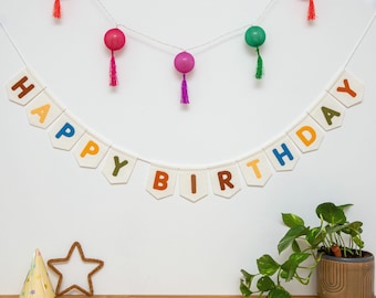 Happy Birthday Bunting. Personalised Celebration Bunting. Colourful Childrens Decor Party Garland. Rainbow, Pastel, Jungle, Neutral