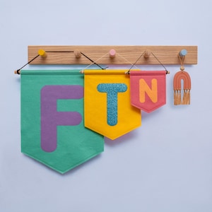 Custom Initial Wall Banner Flag. Personalised Name Felt Nursery Decor. A-Z Kids Room Wall Hanging.