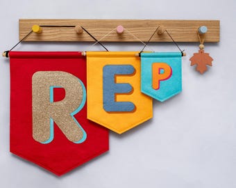 Custom Initial Wall Banner Flag. Personalised Drop Shadow Name Felt Nursery Decor. A-Z Kids Room Wall Hanging.