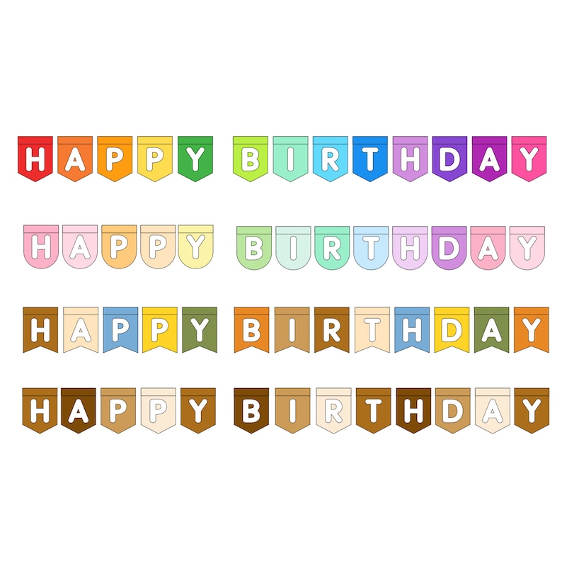 May include: A collection of colorful "Happy Birthday" banner flags in various color schemes. The flags are in red, orange, yellow, green, blue, purple, and pink. The text is white.