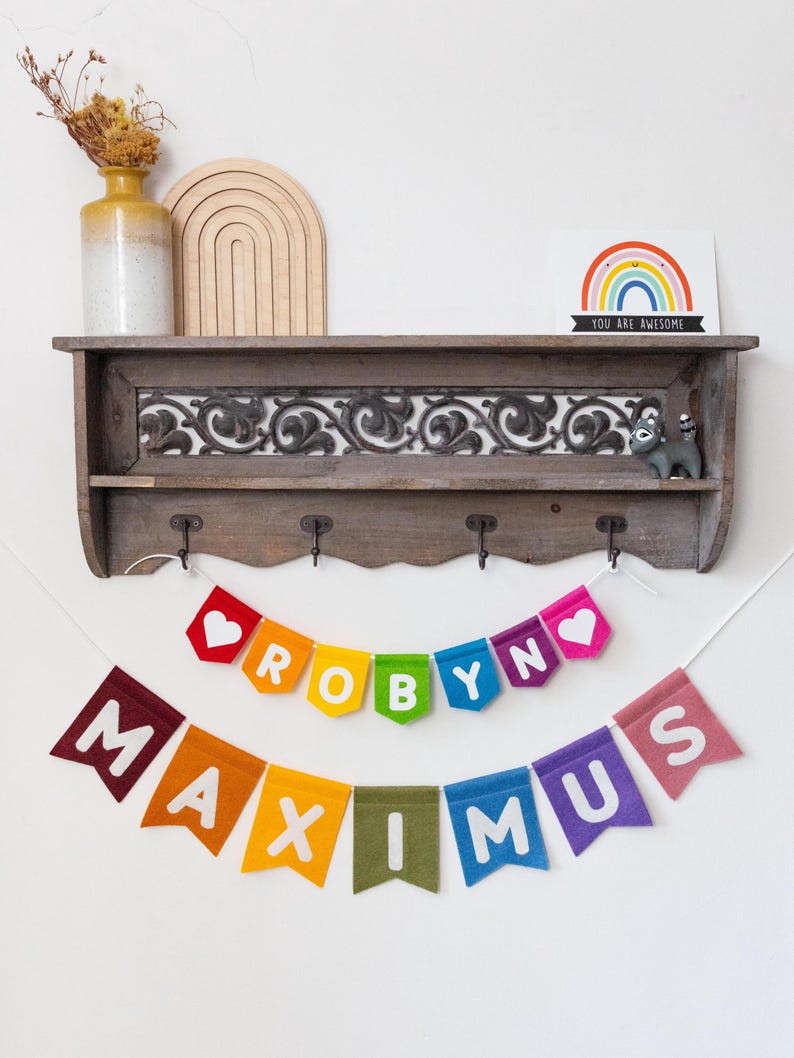 Personalised Name Felt Bunting. Custom Nursery Garland Decor. Rainbow, Pastel, Jungle, Neutral Colours Muted Rainbow