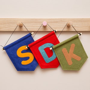 Custom Initial Wall Banner Flag. Personalised Name Felt Nursery Decor. A-Z Kids Room Wall Hanging.