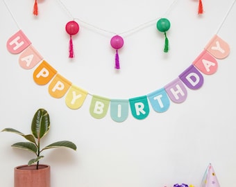 Happy Birthday Bunting. Colourful Celebration Childrens Party Decor. Rainbow, Pastel, Jungle, Neutral