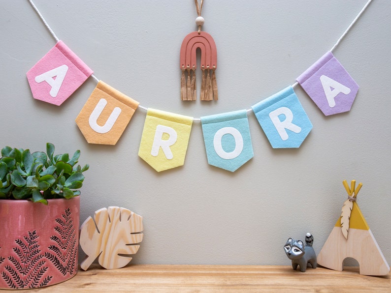 Personalised Name Bunting. Felt Nursery Decor. Custom Garland Wall Hanging. Rainbow, Pastel, Jungle, Neutral Colour Choices. image 4