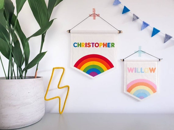 Personalised Rainbow Pennant Wall Banner / Flag. Pastel Nursery Decor. Felt Hanging.