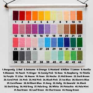 May include: A felt color chart with 44 numbered color swatches, including shades of red, orange, yellow, pink, purple, blue, green, and brown. The chart is labeled with color names like "Burgundy," "Mustard," and "Electric Blue."