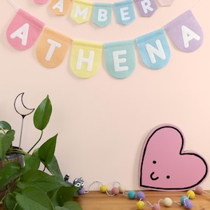 Personalised Name Felt Bunting. Custom Nursery Garland Decor. Rainbow, Pastel, Jungle, Neutral Colours Soft Pastel