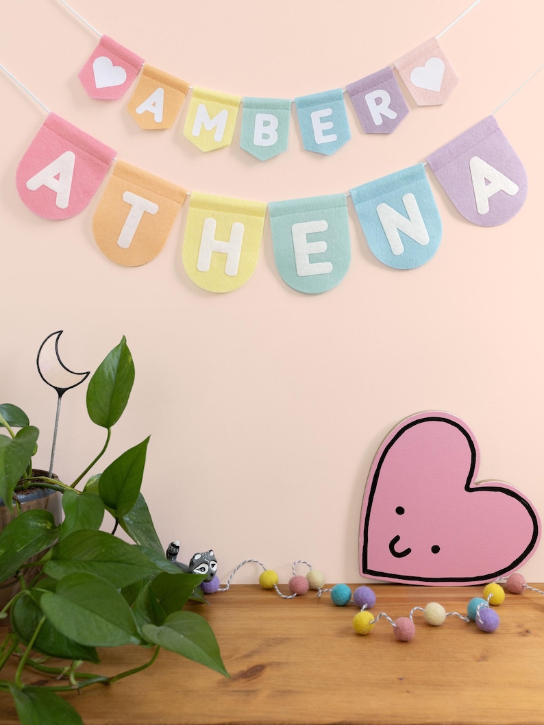 Personalised Name Felt Bunting. Custom Nursery Garland Decor. Rainbow, Pastel, Jungle, Neutral Colours Soft Pastel