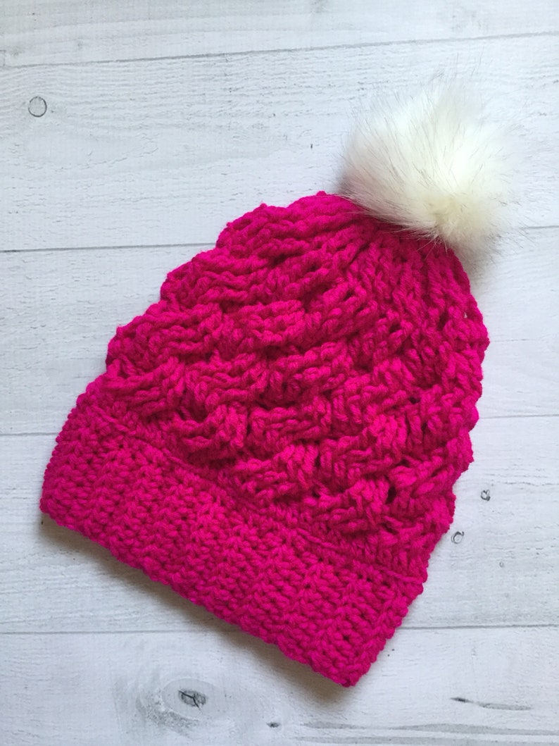 Magenta Wave Cable Beanie with Faux Fur Pom Pom