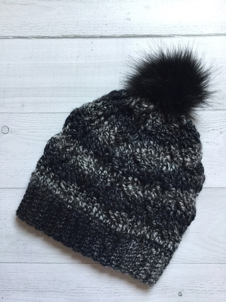 Black and Slate Cable Beanie Faux Fur Pom Pom