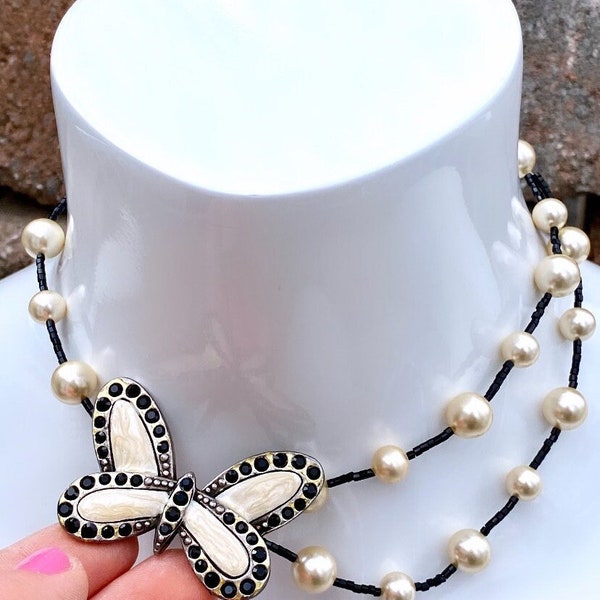 Babylone Paris Black bugle glass beads faux pearls enamel butterfly necklace #525