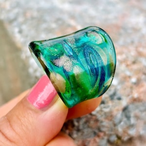 Murano Glass Ring Translucent Green Blue Swirl Gold Foil Size 6 #636