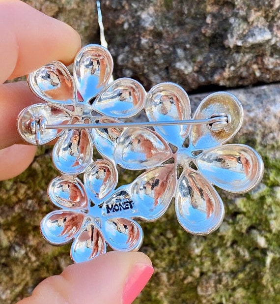 Beautiful Monet Silver Tone Pink Enamel Flower W/ Rhinestones Pin