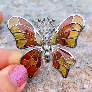 Vintage Silver Tone Poured Glass Plique a Jour Butterfly Pin Brooch #573