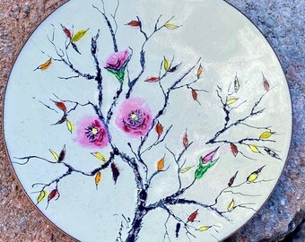 Vintage enamel on copper pink flower tree decorative plate signed Nicole #362