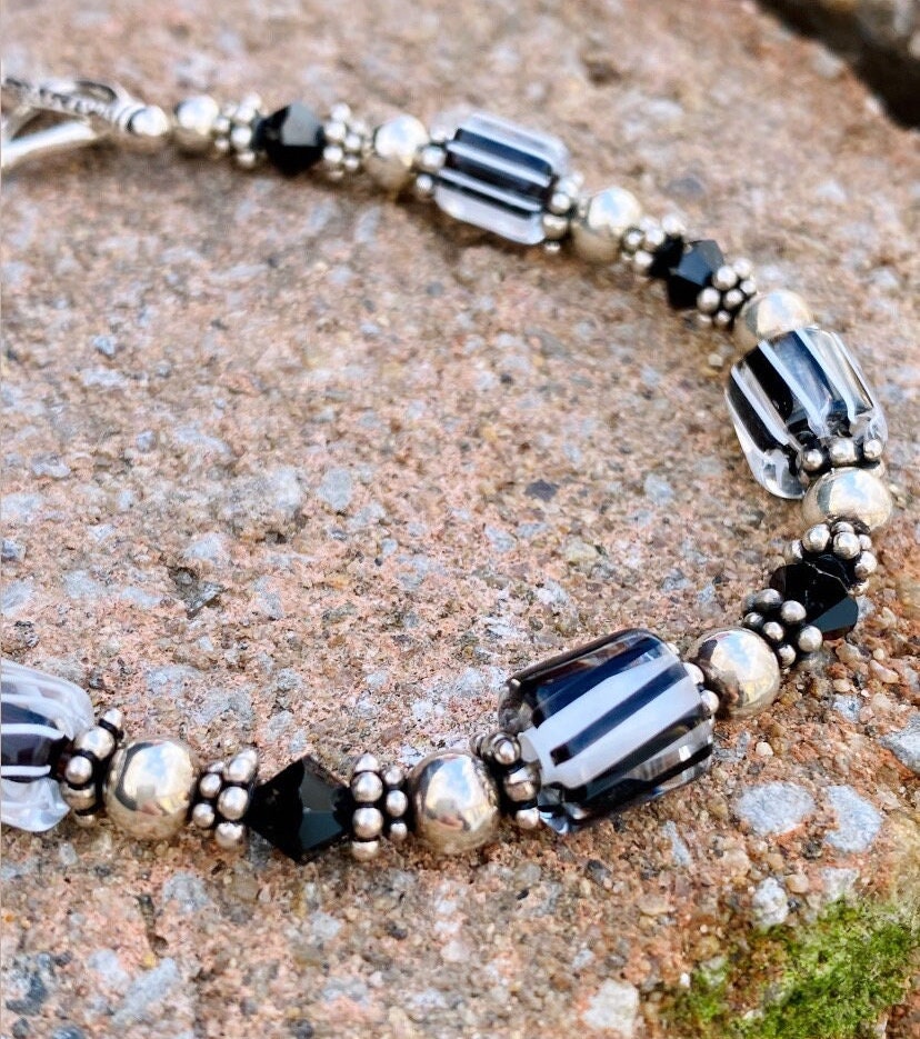 Saki Sterling Silver Quality Black Swirl Glass Beads Faceted