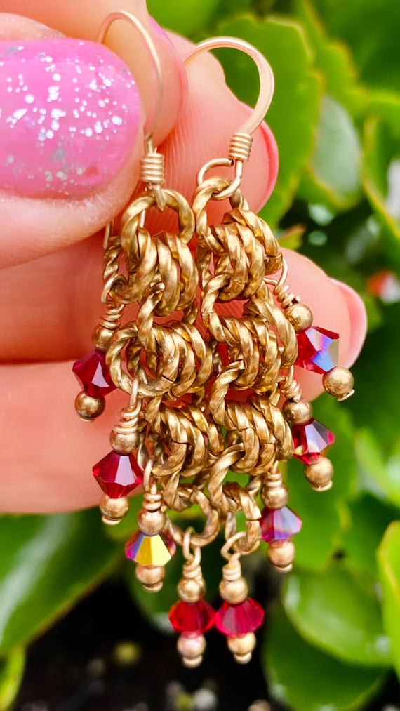 Gorgeous Vintage 14k GF Gold AB Cherry Red Crysta… - image 1