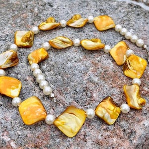 Vintage Yellow Gold Mother Of Pearl Shell with faux Pearls Necklace