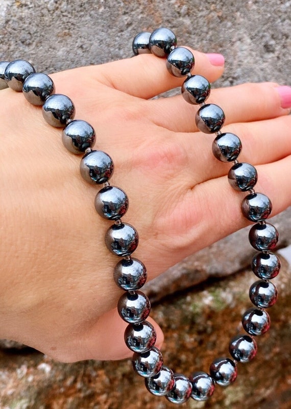Elegant Dark Hematite 10mm Round Beads Necklace 1… - image 1