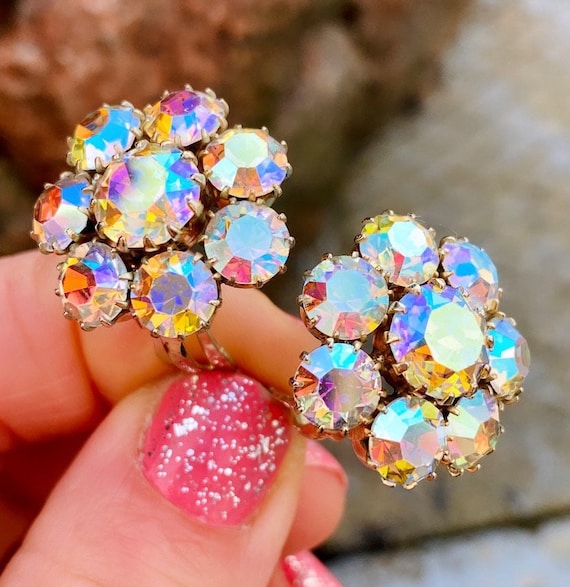 Vintage Sherman Gold Tone Aurora Borealis Iridescent Rhinestone