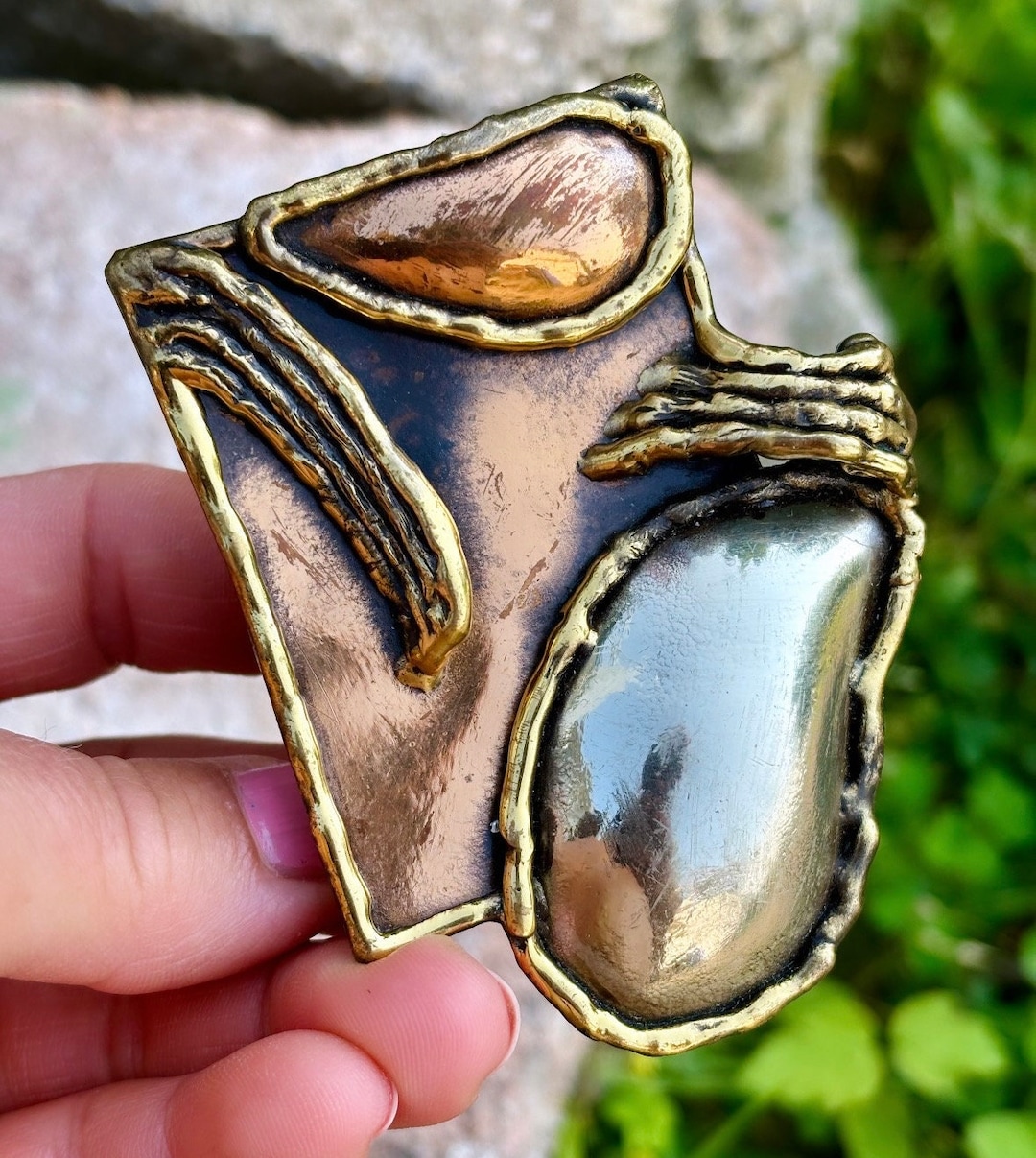 Vintage Exart Mexico Brass Copper Silver Tone Modernist Brutalist