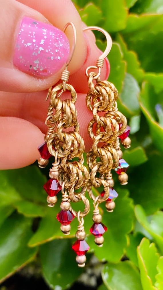 Gorgeous Vintage 14k GF Gold AB Cherry Red Crysta… - image 2