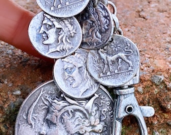 Vintage silver tone metal Ancient Greek coins key chain #437
