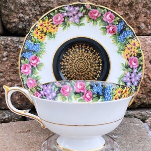Vintage Paragon Cup Saucer Paragon Floral Rose Pattern With Black And Gold Details Tea Set / Collection Set #404