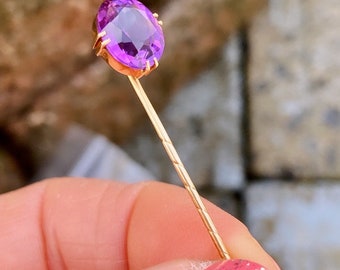 Vintage 14k Yellow Gold Lovely Amethyst Gemstone Stick Pin #288