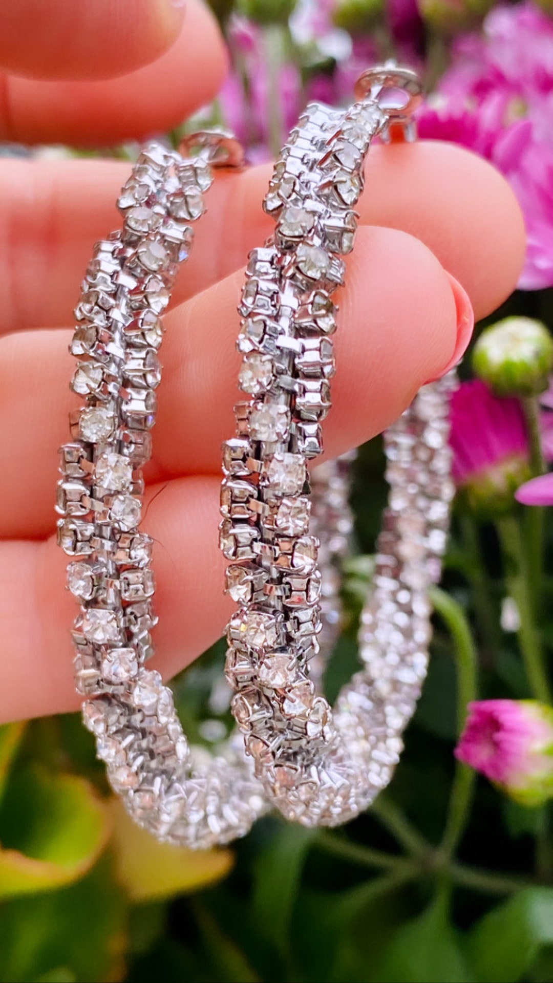 Beautiful Cluster Swirled Clear Rhinestones Large Hoop Pierced Earrings ...