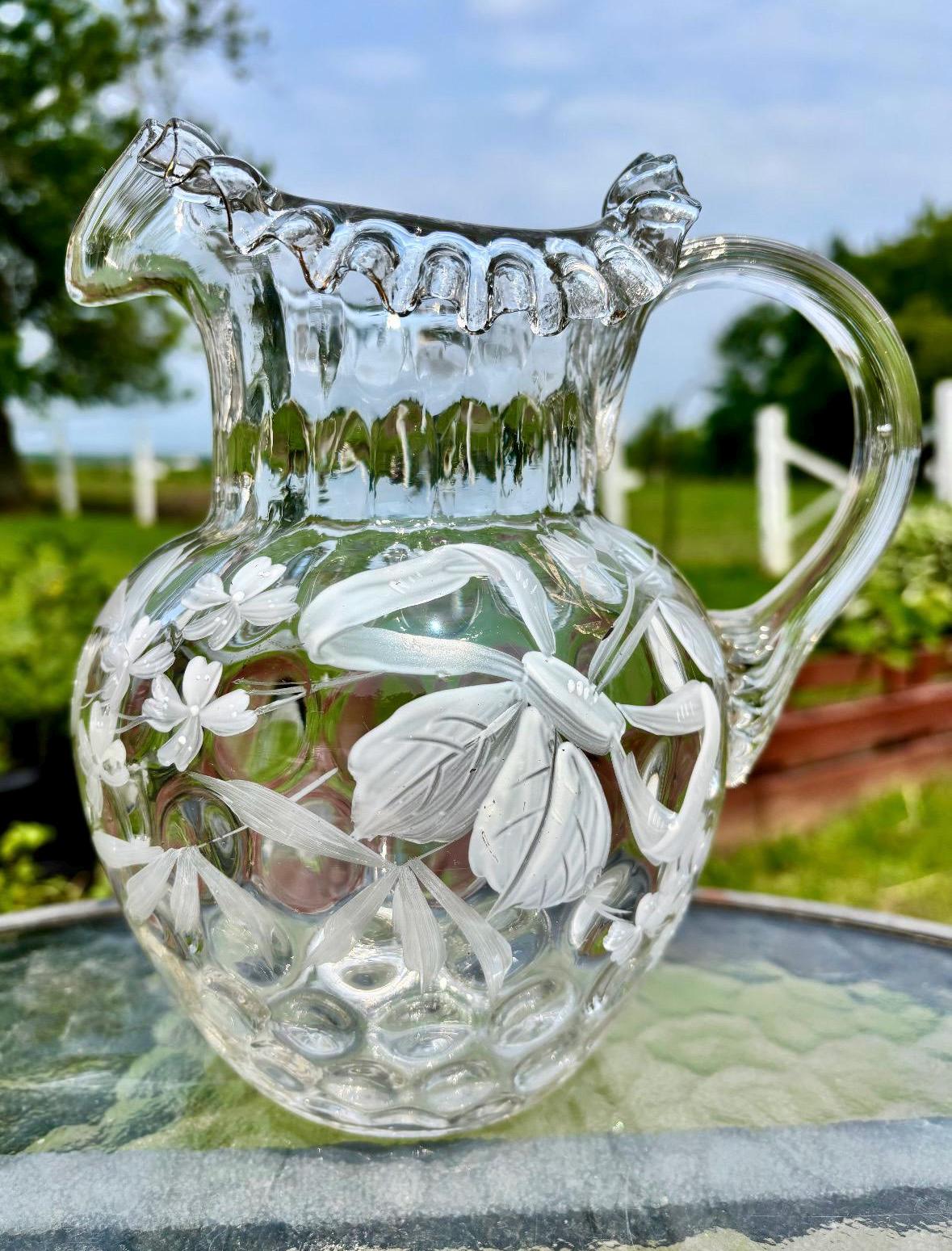 Antique Victorian Hand Blown Glass Pitcher, Floral Decoration - Etsy