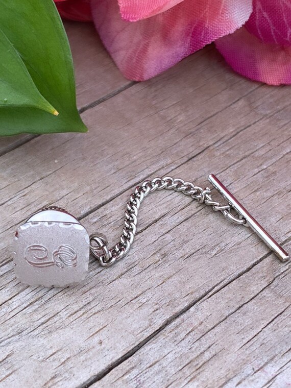 Vintage Sterling Silver Tie Tack Pin W/ Chain Mens Jewelry Letter