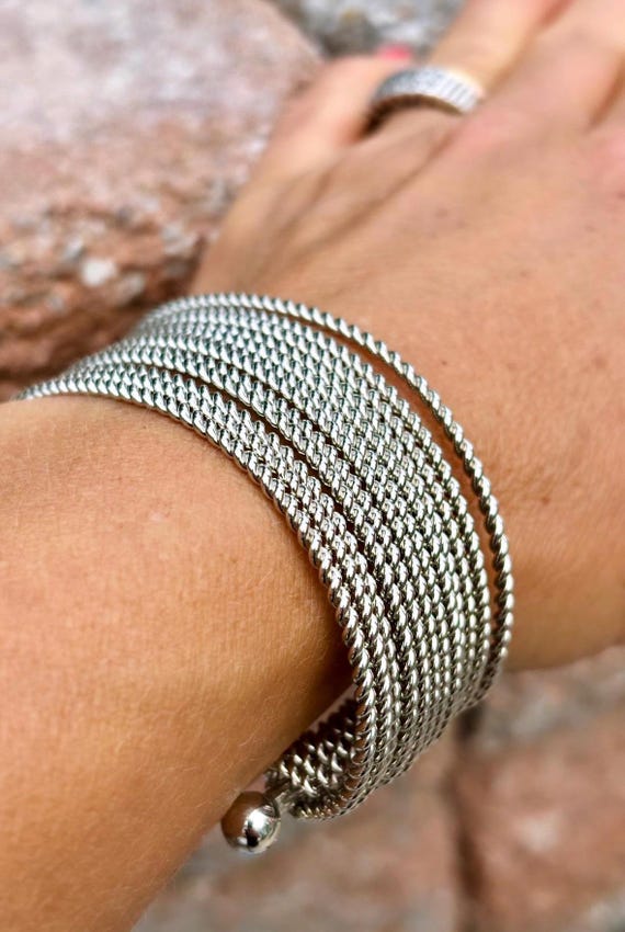 Vintsge silver tone multi bangle open cuff bracel… - image 3