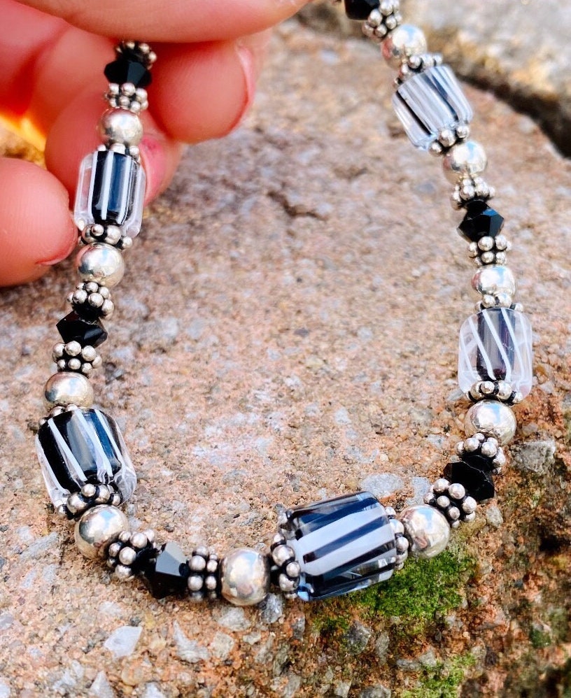 Saki Sterling Silver Quality Black Swirl Glass Beads Faceted