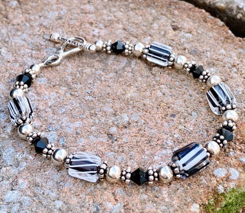 Saki Sterling Silver Quality Black Swirl Glass Beads Faceted