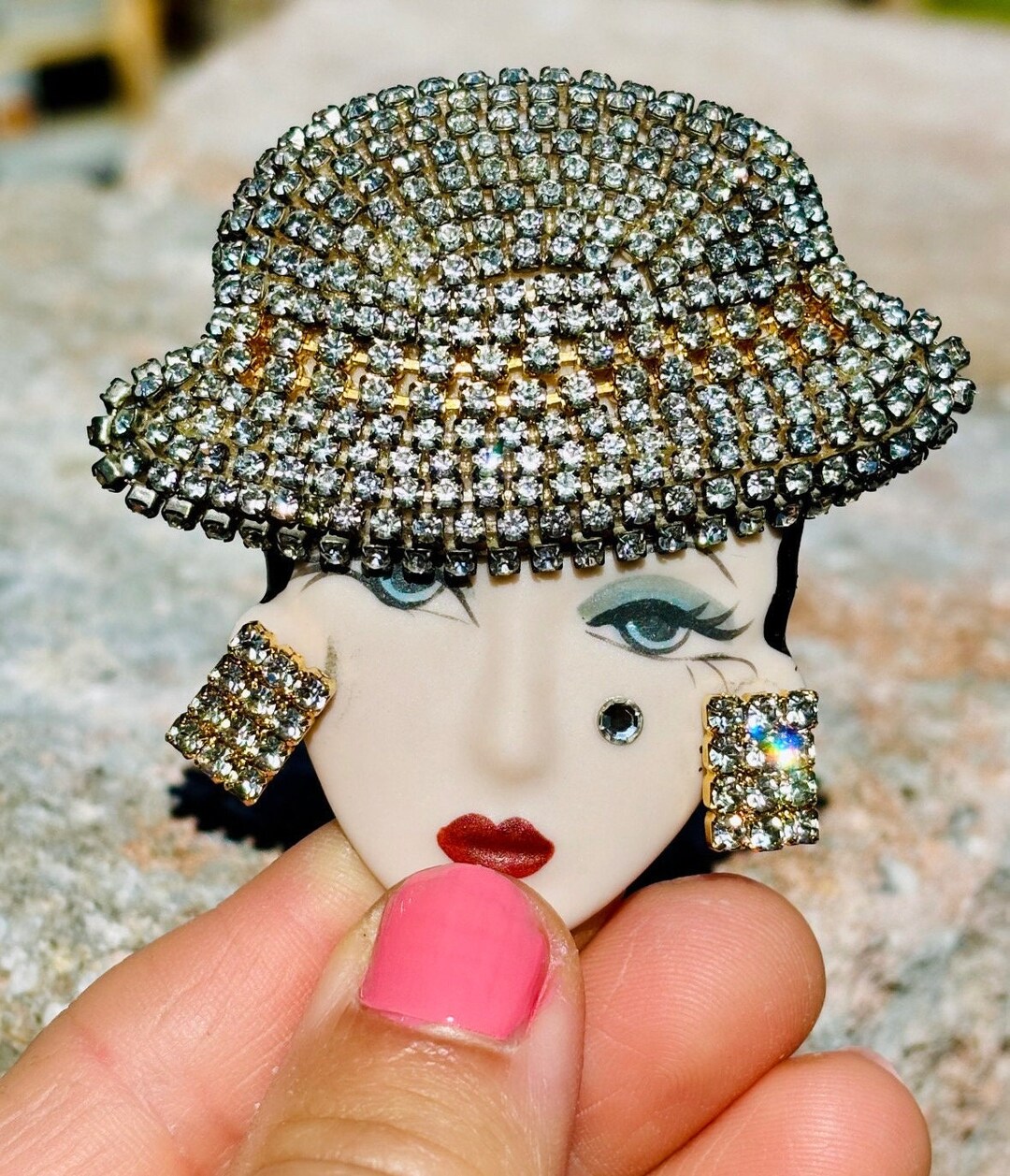 Vintage Elvira & Jackie Procelain Face Clear Rhinestones Pin Brooch ...