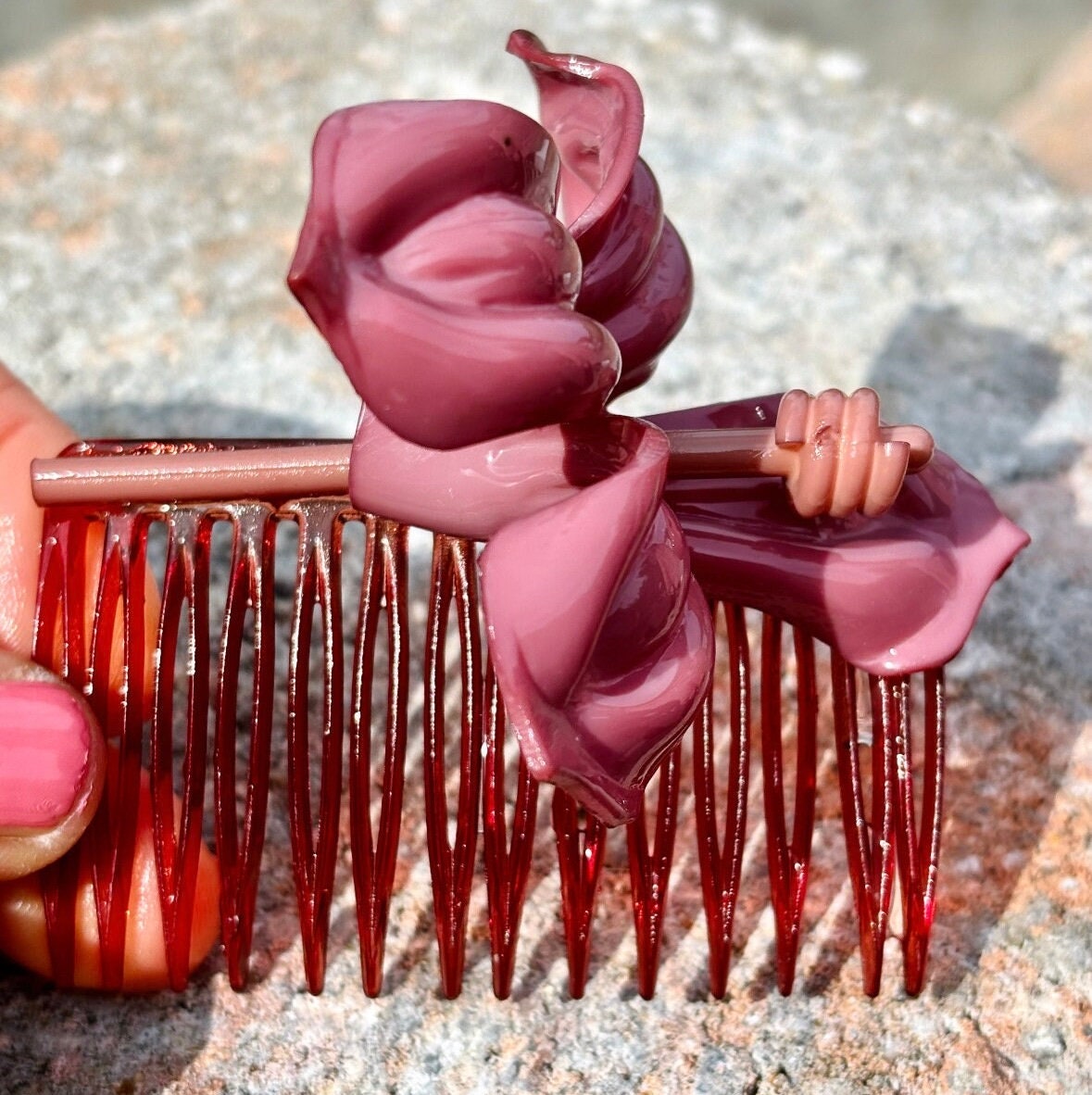 Vtg Lot Of 2 1970\'s Handmade Feathered Design Celluloid Hair Comb White Purple 70s Hair Comb - Etsy main image 2
