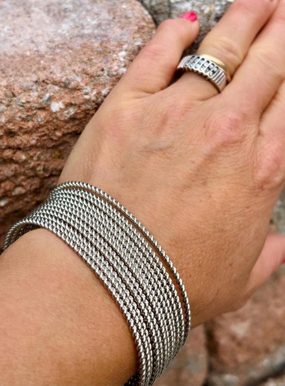 Vintsge silver tone multi bangle open cuff bracel… - image 1