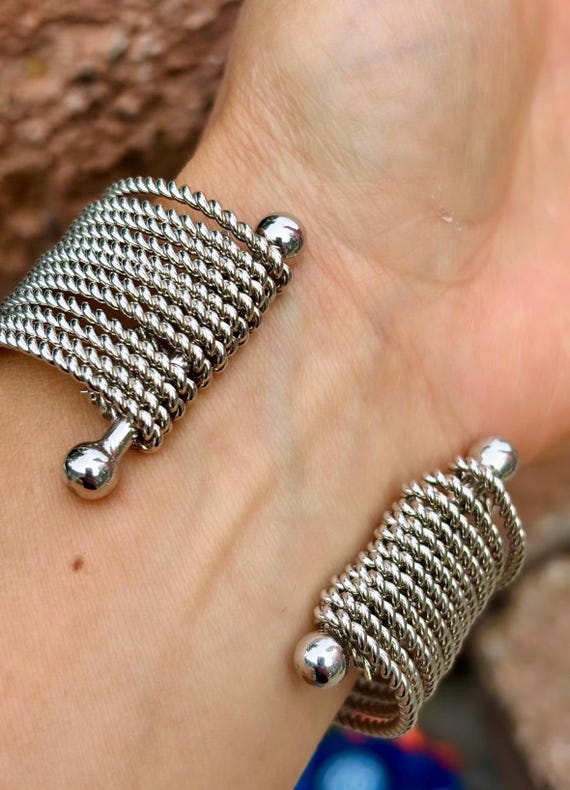 Vintsge silver tone multi bangle open cuff bracel… - image 4