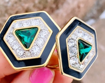 Vintage Signed S.A.L Swarovski Rhinestones Green And Clear Color Black Enamel Hexagon Shape Clip On Earrings #358
