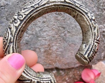 Mid-20th Century Silver Repousse Bracelet Shou & Lotus Designs